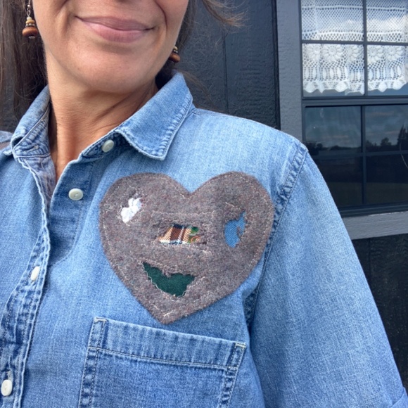 One-of-a-Kind Upcycled Denim Shirt | Cropped Distressed Denim with Wool Patches - Picture 6 of 8